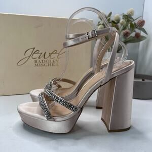 Jewel Badgley Mischka Rochel Satin Platform Rhinestone Heel Champagne Women 8.5